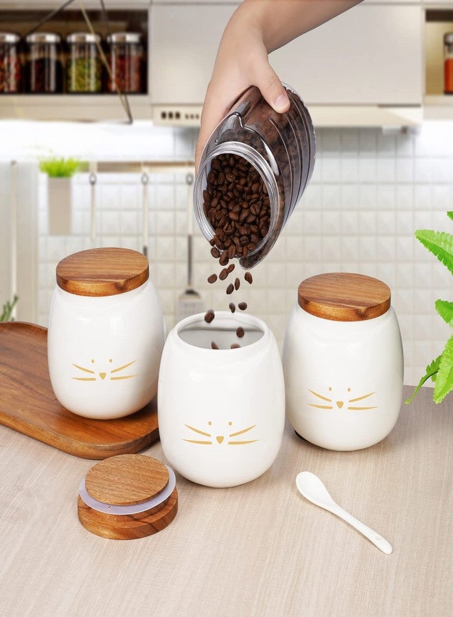 Koolkatkoo Ceramic Cat Canister Set Coffee Tea Sugar Food Storage with Bamboo Lid for the Kitchen Canister Round White Set of 3 - Image 2